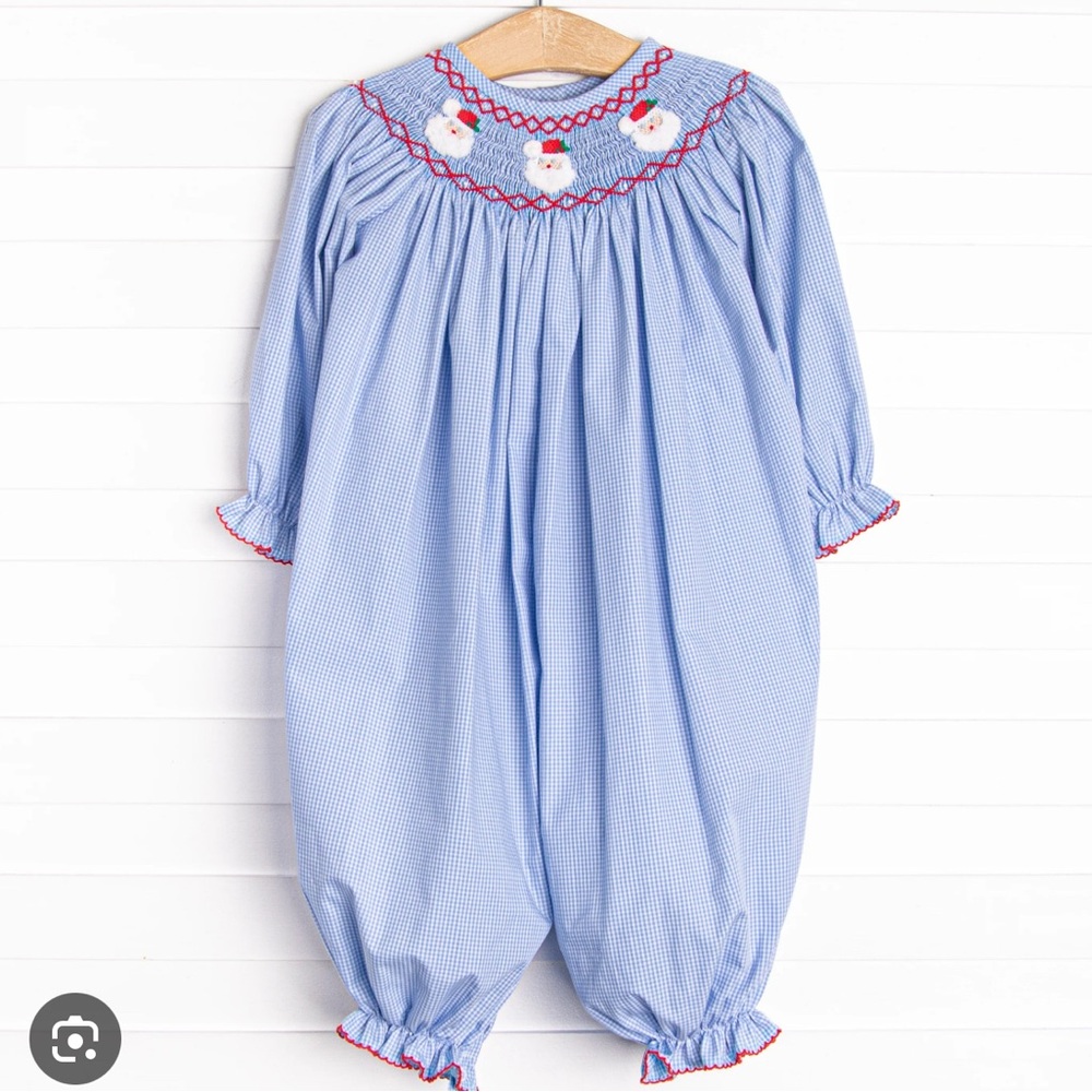 Charming Blue smocked Christmas Romper Stitchy Fish Santa Outfit for Girls